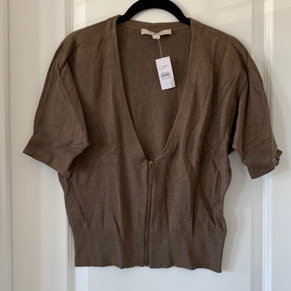 NWT LOFT Brown 100% Pima Cotton Short Sleeves Knit Deep V-neck Zipper Top Size S - Picture 1 of 11